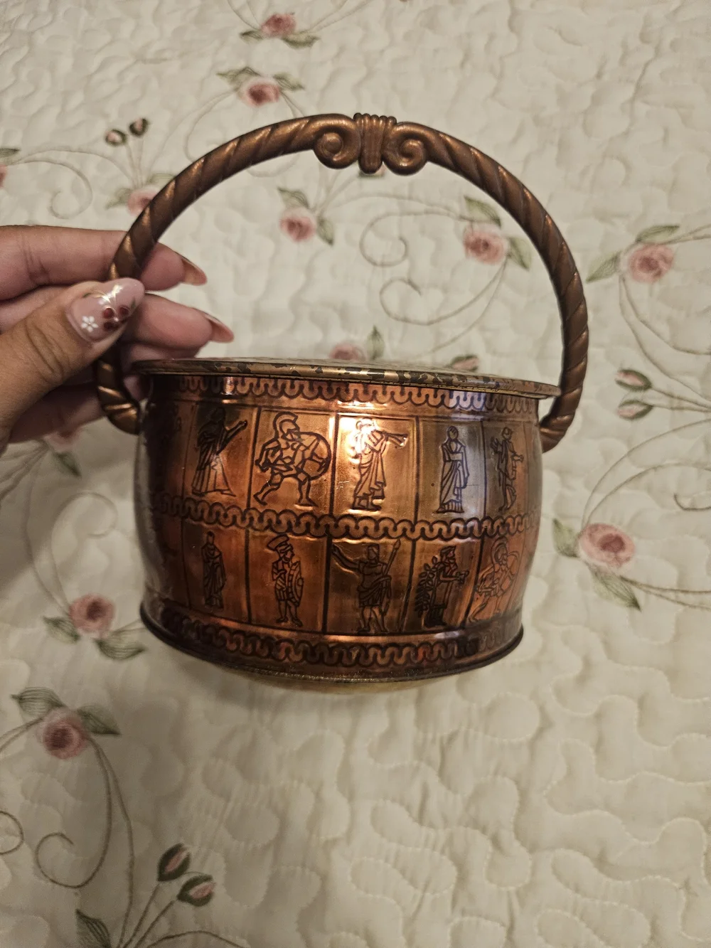 Copper-Tone Figural Decorative Basket with Handle